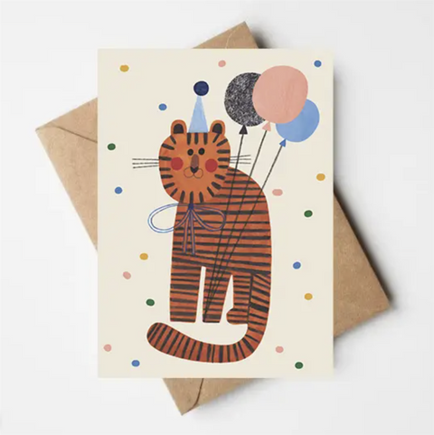 Dobbelt kort illustrert av Daria Solak med en tiger som har ballonger