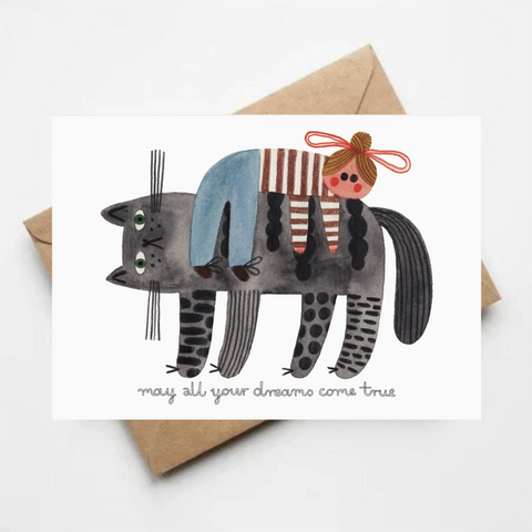 Kort med en katt og tekst may all your dreams come true