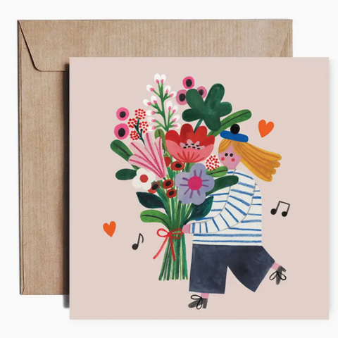 Dobbelt kort med illustrasjon av Daria Solak av en kvinner med en stor blomsterbukett