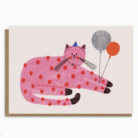 Dobbelt kort illustrert av Daria Solak med en rosa katt med ballonger