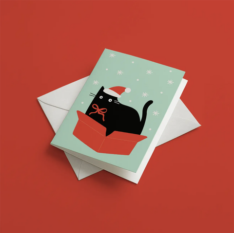 Julekort med bilde av katt i en gaveeske fra Graphic Factory