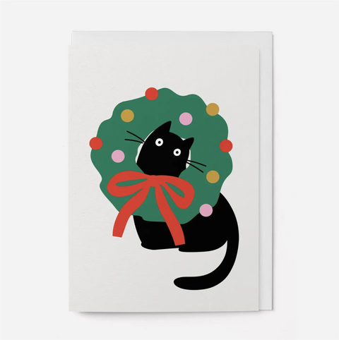 Julekort med bilde av katt i en julekrans fra Graphic Factory