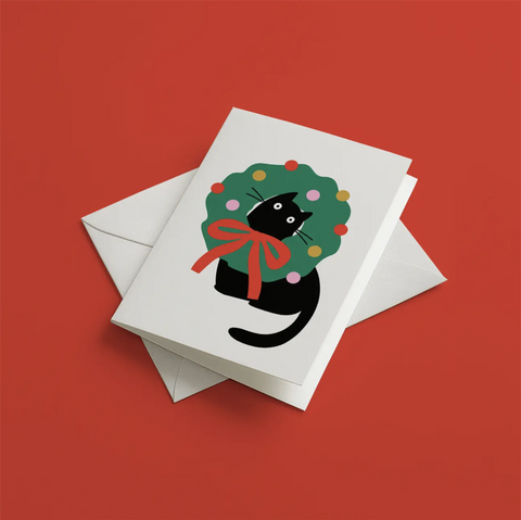Julekort med bilde av katt i en julekrans fra Graphic Factory