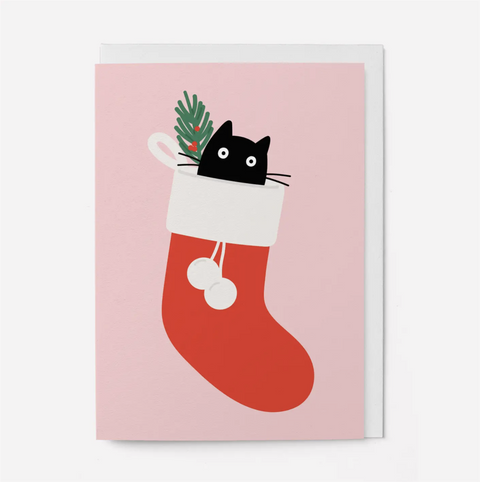 Julekort med bilde av katt i en julestrømpe fra Graphic Factory