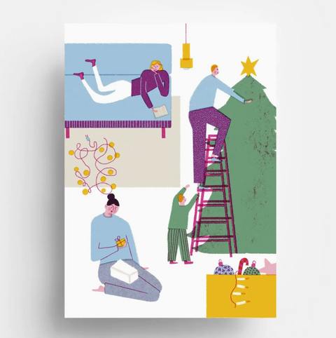Julepostkort i moderne og grafisk stil med familie som pynter til jul fra Jungwiealt designet av Barbara Dziadosz