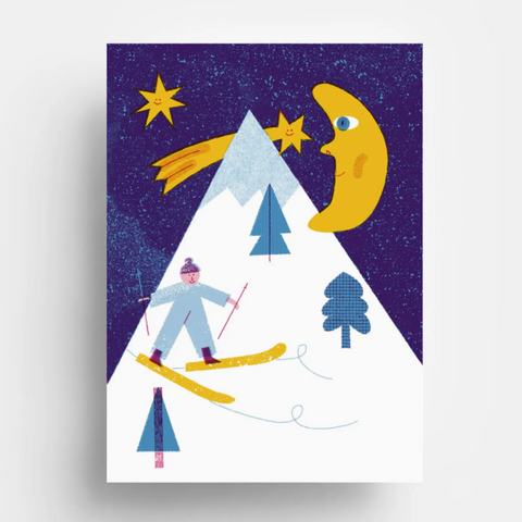 Julepostkort med skigåer i moderne og grafisk stil fra Jungwiealt designet av Barbara Dziadosz