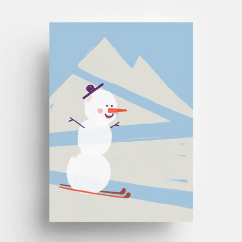 Julepostkort med snømann på ski i moderne og grafisk stil fra Jungwiealt designet av Barbara Dziadosz