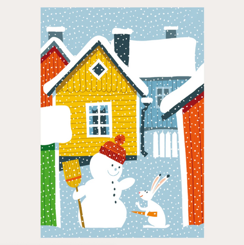 Julekort fra Kehvola med snømann og koselig julestemning
