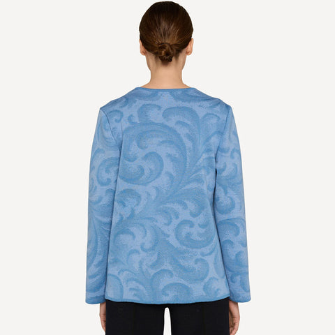 Rosemaling cardigan fra Oleana i merinoull og silke, glacier, blå