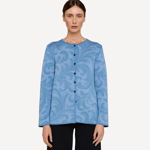 Rosemaling cardigan fra Oleana i merinoull og silke, glacier, blå