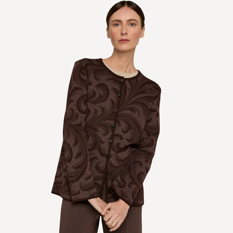 Rosemaling cardigan fra Oleana i merinoull og silke, Grounded, mørk brun