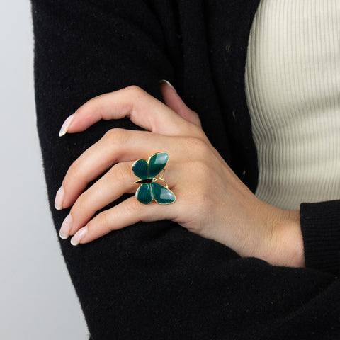 Opro-Sommerfugl Ring Forgylt/Emalje Petrol-Norway Designs