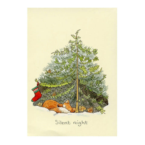 Julekort med illustrasjon av en rev som sover under et juletre fra Two bad Mice