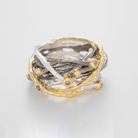 Bjørg Big Nest Ring Gull/Sølv/Oksidert/Rå Diamant - Norway Designs