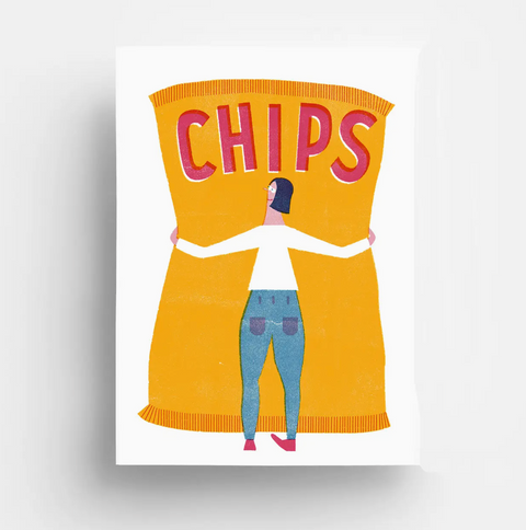 Plakat A3 Chips fra Jungwiealt med motiv av en person som holder en stor chipspose