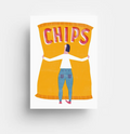Postkort Chips fra Jungwiealt med motiv av en person som klemmer en stor chipspose