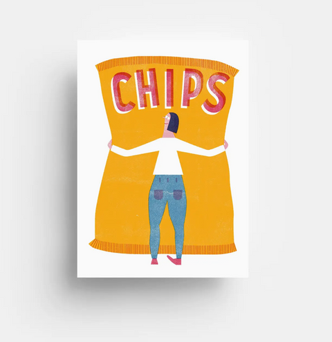 Postkort Chips fra Jungwiealt med motiv av en person som klemmer en stor chipspose