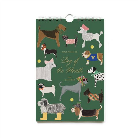 Dog of the Month veggkalender 2027 fra Rifle Paper Co. med illustrerte hunder