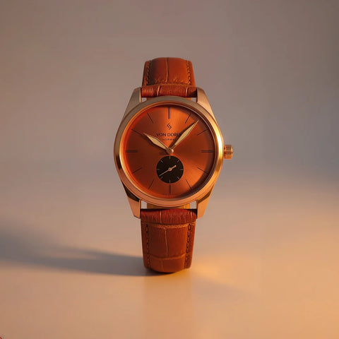 Runde Vintage klokke fra Von Doren med kobber- og laksefarget urskive og sort subdial