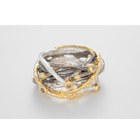 Bjørg Big Nest Ring Gull/Sølv/Oksidert/Rå Diamant - Norway Designs